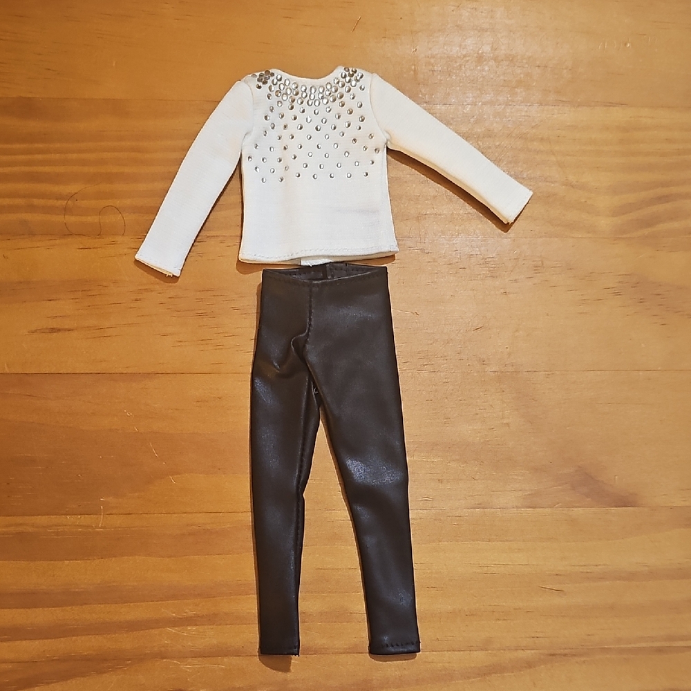 Hand Made 2 piece White studded top and black pant set for Curvy Barbie